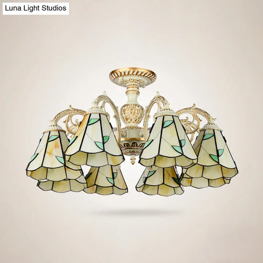 Rustic Leaf Chandelier With Curved Arms Available In 3-8 Lights And Beige Glass For Living Room
