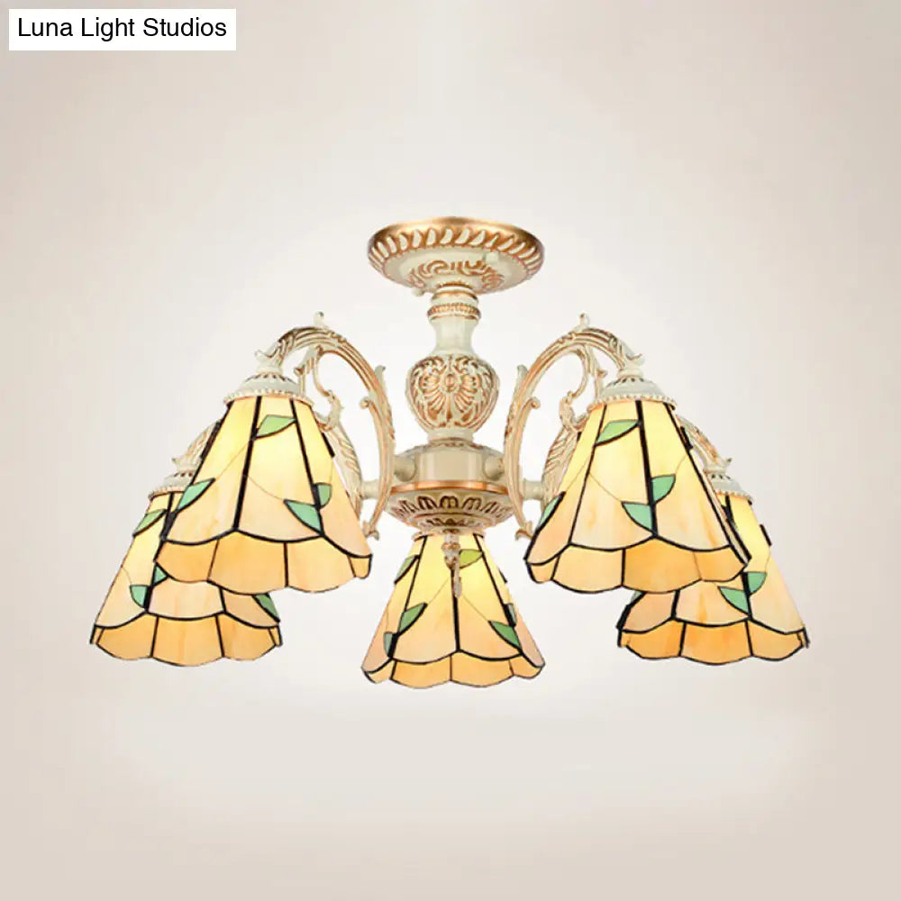 Rustic Leaf Chandelier With Curved Arms Available In 3-8 Lights And Beige Glass For Living Room