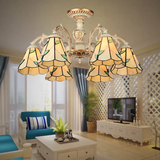 Rustic Leaf Chandelier Lamp With Curved Arm - Beige Glass 3/5/6/8 Lights Ideal For Living Rooms 6 /