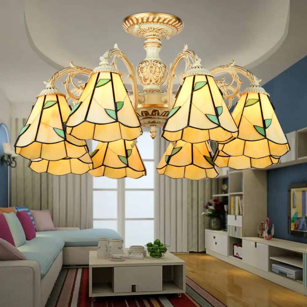 Rustic Leaf Chandelier Lamp With Curved Arm - Beige Glass 3/5/6/8 Lights Ideal For Living Rooms 8 /