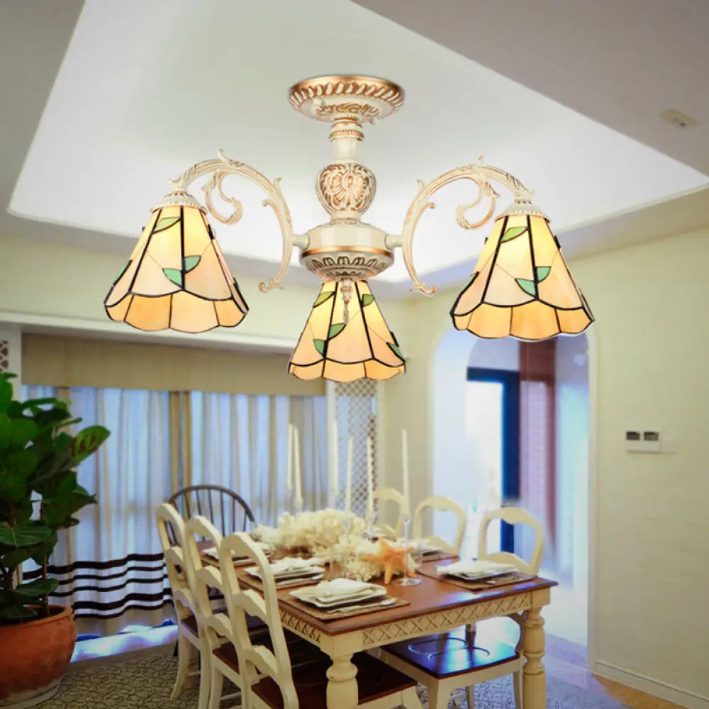 Rustic Leaf Chandelier Lamp With Curved Arm - Beige Glass 3/5/6/8 Lights Ideal For Living Rooms 3 /
