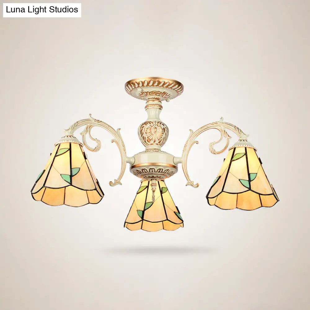 Rustic Leaf Chandelier Lamp With Curved Arm - Beige Glass 3/5/6/8 Lights Ideal For Living Rooms
