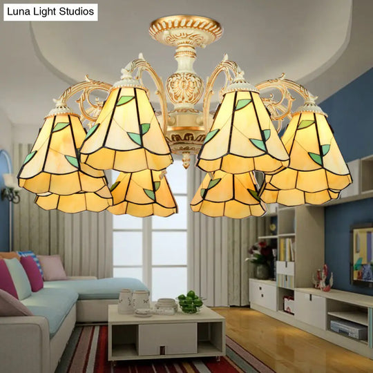 Rustic Leaf Chandelier With Curved Arms Available In 3-8 Lights And Beige Glass For Living Room