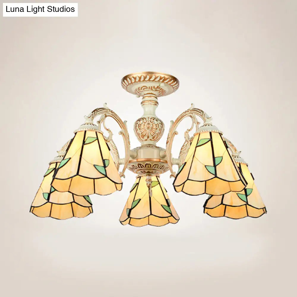 Rustic Leaf Chandelier Lamp With Curved Arm - Beige Glass 3/5/6/8 Lights Ideal For Living Rooms