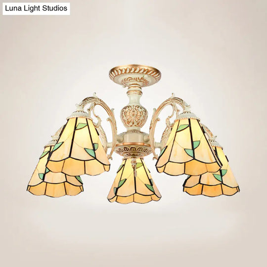 Rustic Leaf Chandelier Lamp With Curved Arm - Beige Glass 3/5/6/8 Lights Ideal For Living Rooms