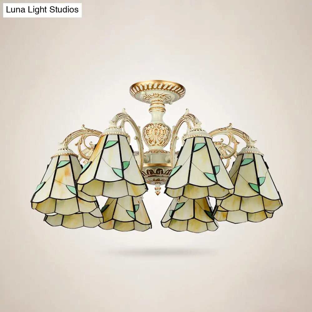 Rustic Leaf Chandelier Lamp With Curved Arm - Beige Glass 3/5/6/8 Lights Ideal For Living Rooms