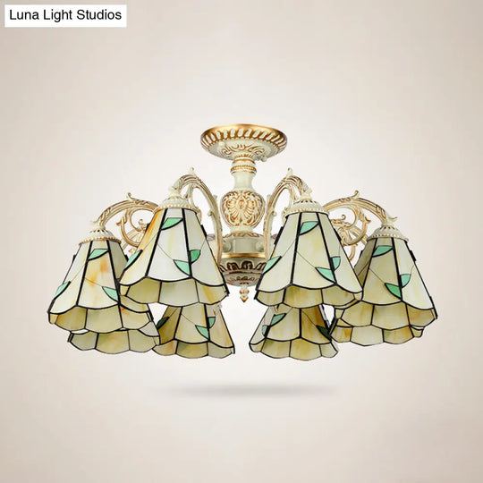 Rustic Leaf Chandelier Lamp With Curved Arm - Beige Glass 3/5/6/8 Lights Ideal For Living Rooms
