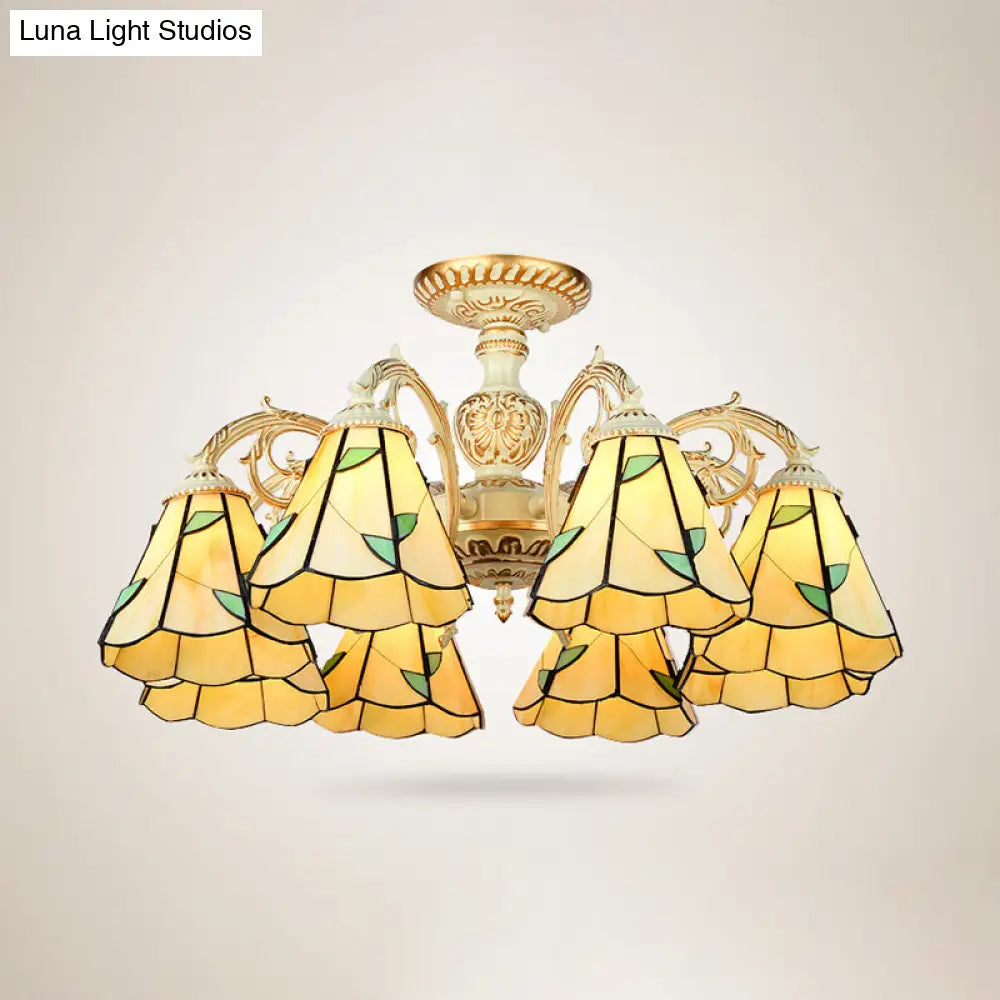 Rustic Leaf Chandelier With Curved Arms Available In 3-8 Lights And Beige Glass For Living Room