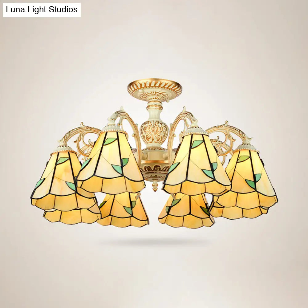 Rustic Leaf Chandelier Lamp With Curved Arm - Beige Glass 3/5/6/8 Lights Ideal For Living Rooms