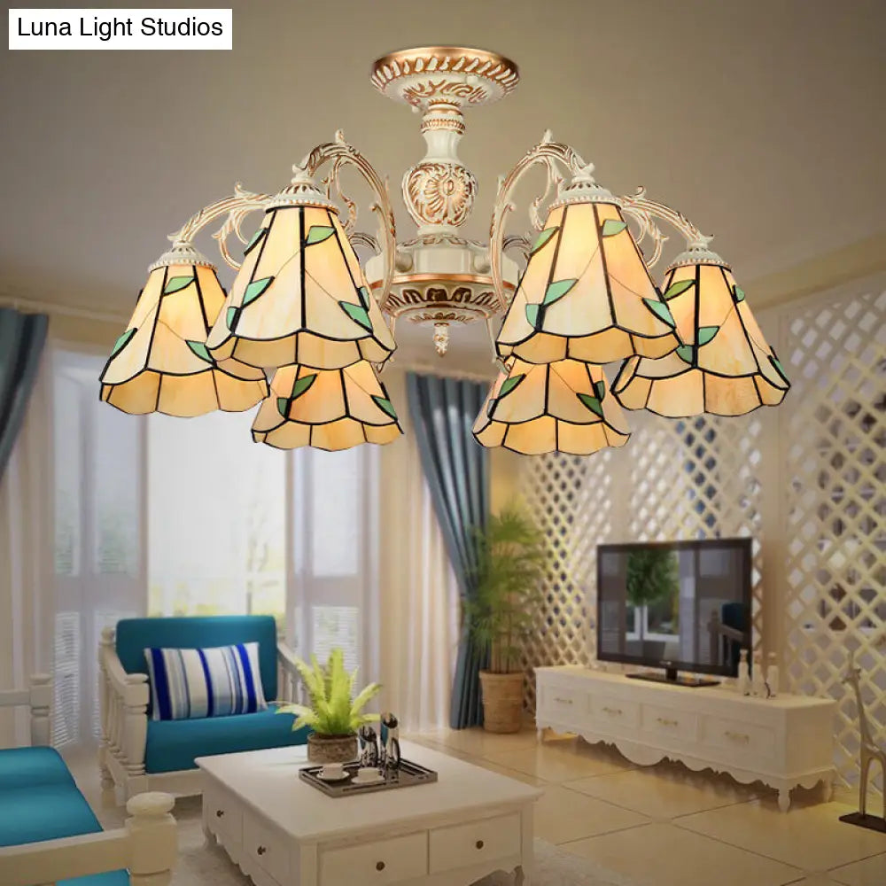 Rustic Leaf Chandelier With Curved Arms Available In 3-8 Lights And Beige Glass For Living Room