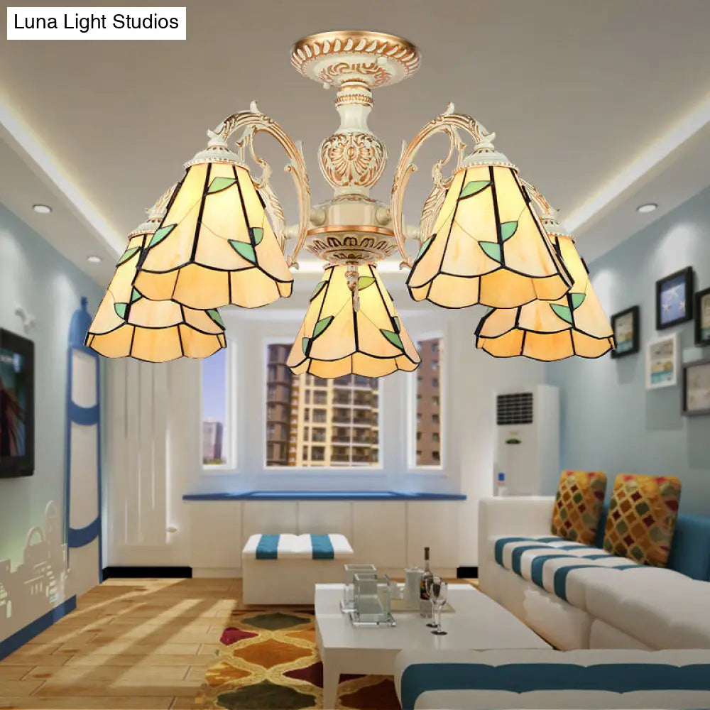 Rustic Leaf Chandelier With Curved Arms Available In 3-8 Lights And Beige Glass For Living Room