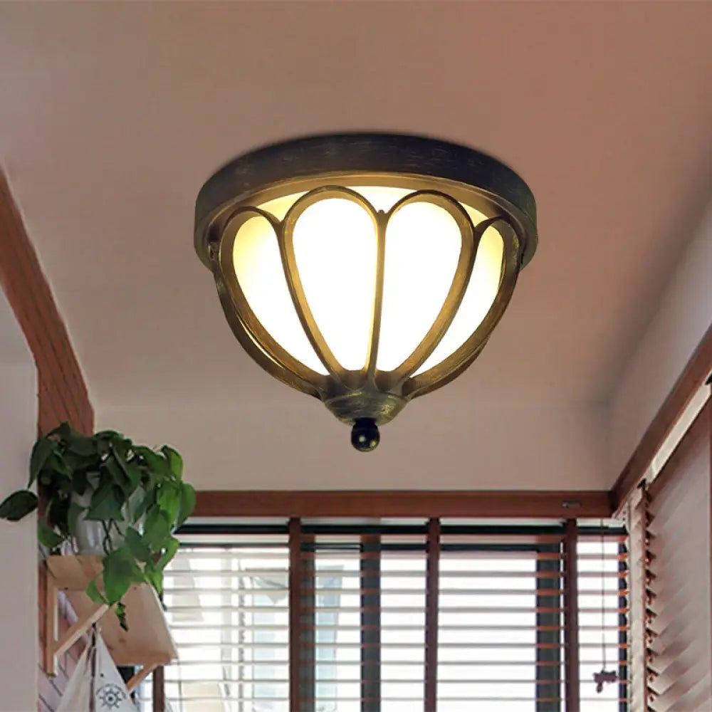 Rustic Led Ceiling Light Fixture: Cream Glass Bowl Flush Mount Lamp In Black With Metal Cage