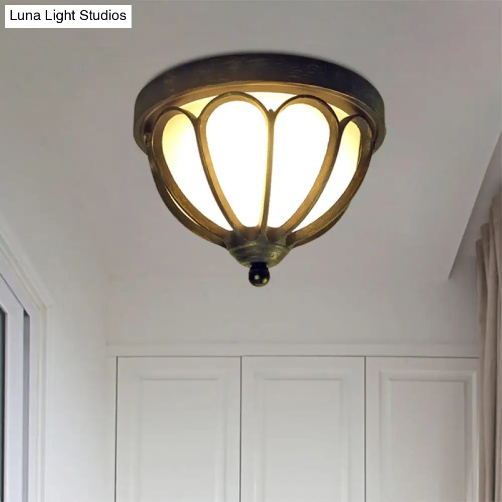 Rustic Led Ceiling Light Fixture: Cream Glass Bowl Flush Mount Lamp In Black With Metal Cage