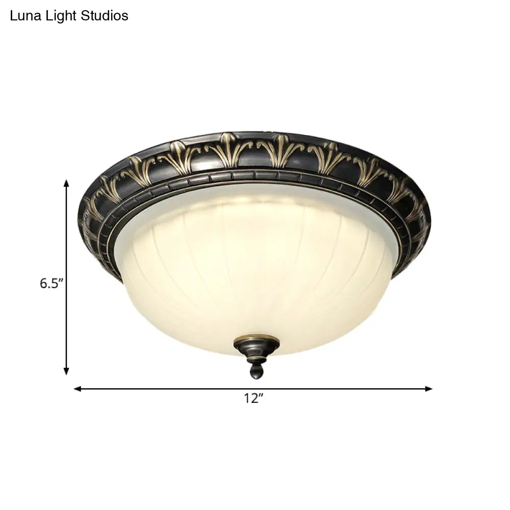 Rustic Led Dome Ceiling Light With White Glass - Black Flush Mount Fixture For Living Room