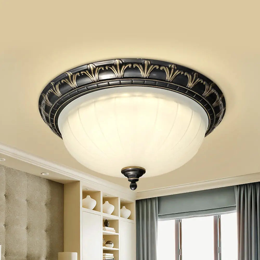 Rustic Led Dome Ceiling Light With White Glass - Black Flush Mount Fixture For Living Room