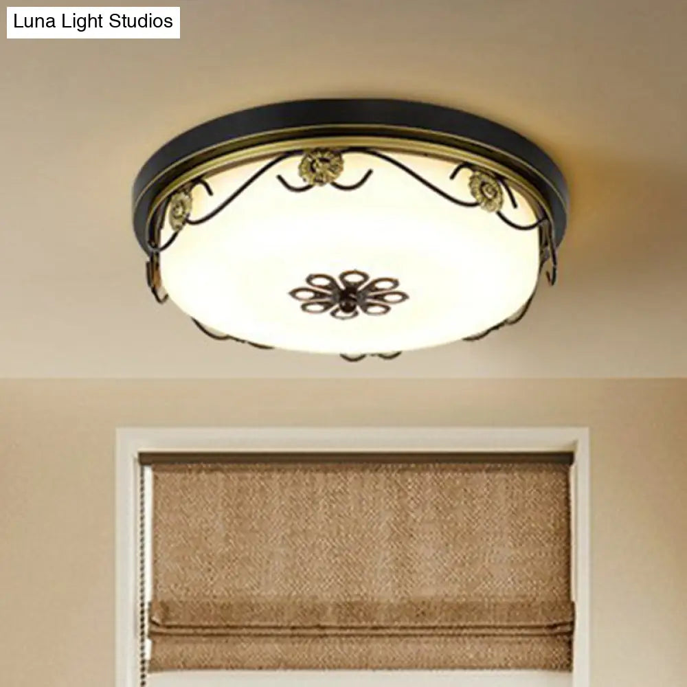 Rustic Led Drum Ceiling Light With Opal Glass And Decorative Flower Design Black / Small Warm