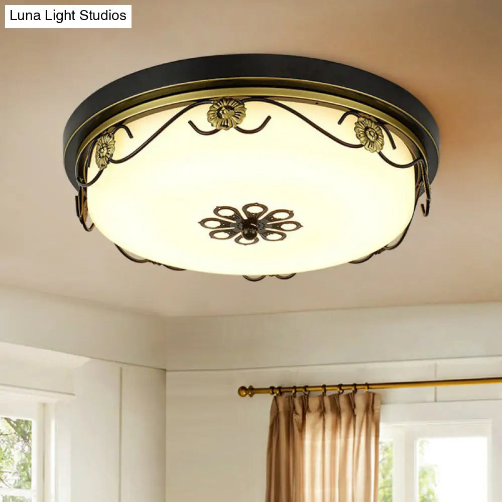 Rustic Led Drum Ceiling Light With Opal Glass And Decorative Flower Design