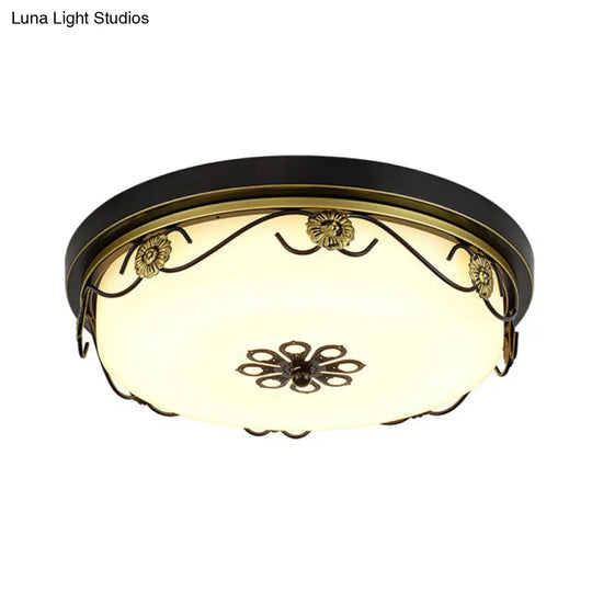 Rustic Led Drum Ceiling Light With Opal Glass And Decorative Flower Design