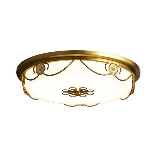 Rustic Led Drum Ceiling Light With Opal Glass And Decorative Flower Design Gold / Small White