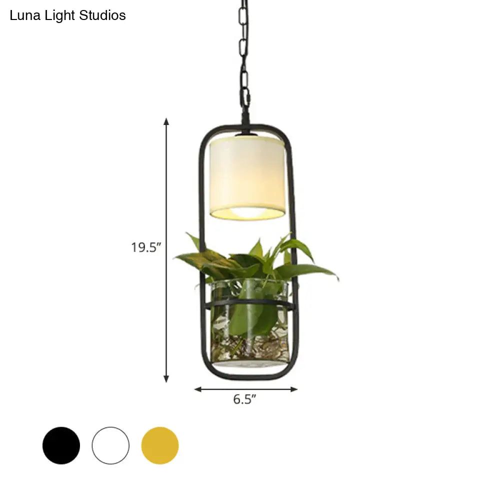 Rustic Led Pendant Light Fixture In Cylinder Shape Black/White/Gold Fabric Warm/White With Plant Cup