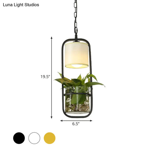 Cylinder Led Pendant Light Fixture In Rustic Black/White/Gold With Warm/White And Plant Cup