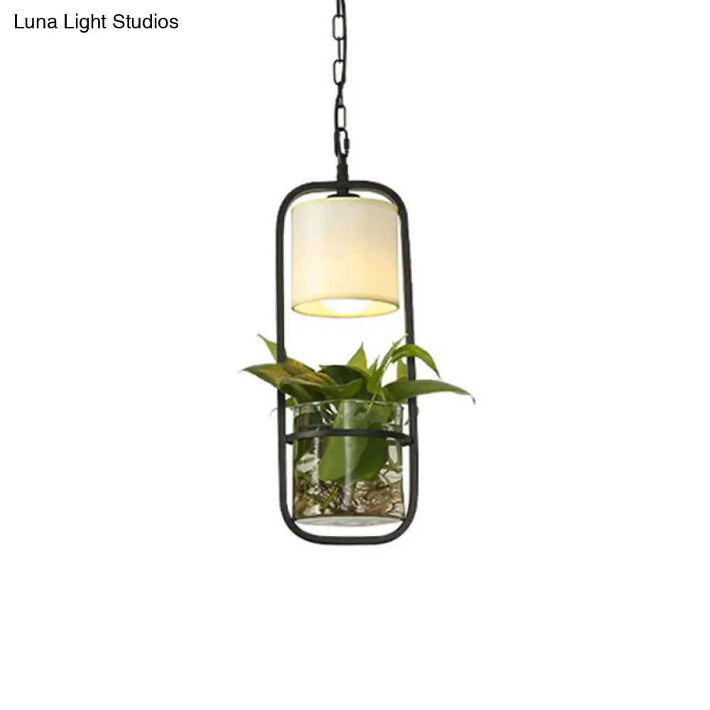 Cylinder Led Pendant Light Fixture In Rustic Black/White/Gold With Warm/White And Plant Cup
