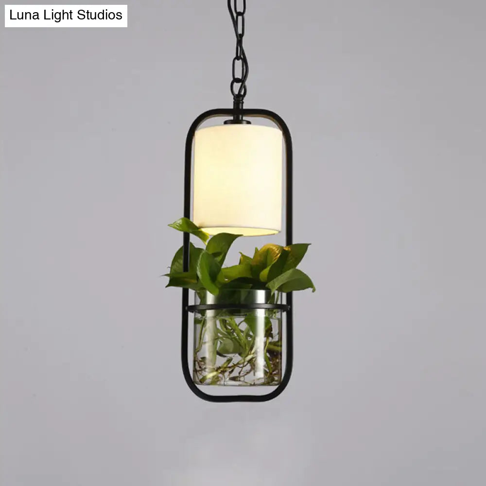 Rustic Led Pendant Light Fixture In Cylinder Shape Black/White/Gold Fabric Warm/White With Plant Cup