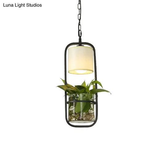 Rustic Led Pendant Light Fixture In Cylinder Shape Black/White/Gold Fabric Warm/White With Plant Cup