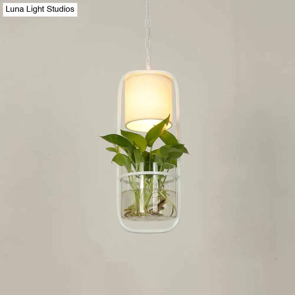 Cylinder Led Pendant Light Fixture In Rustic Black/White/Gold With Warm/White And Plant Cup