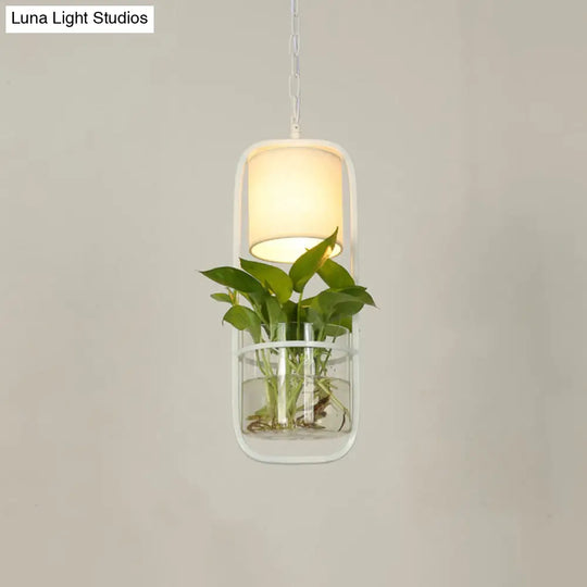 Cylinder Led Pendant Light Fixture In Rustic Black/White/Gold With Warm/White And Plant Cup