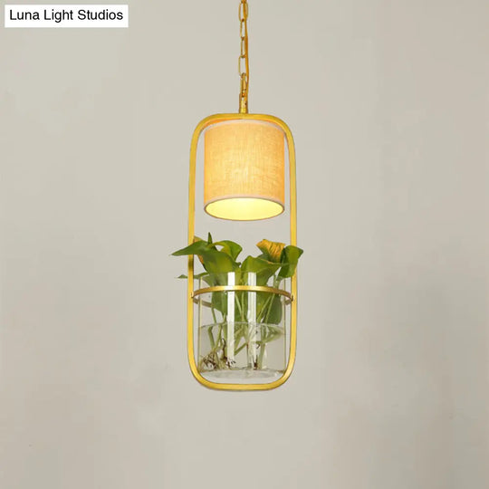 Rustic Led Pendant Light Fixture In Cylinder Shape Black/White/Gold Fabric Warm/White With Plant Cup