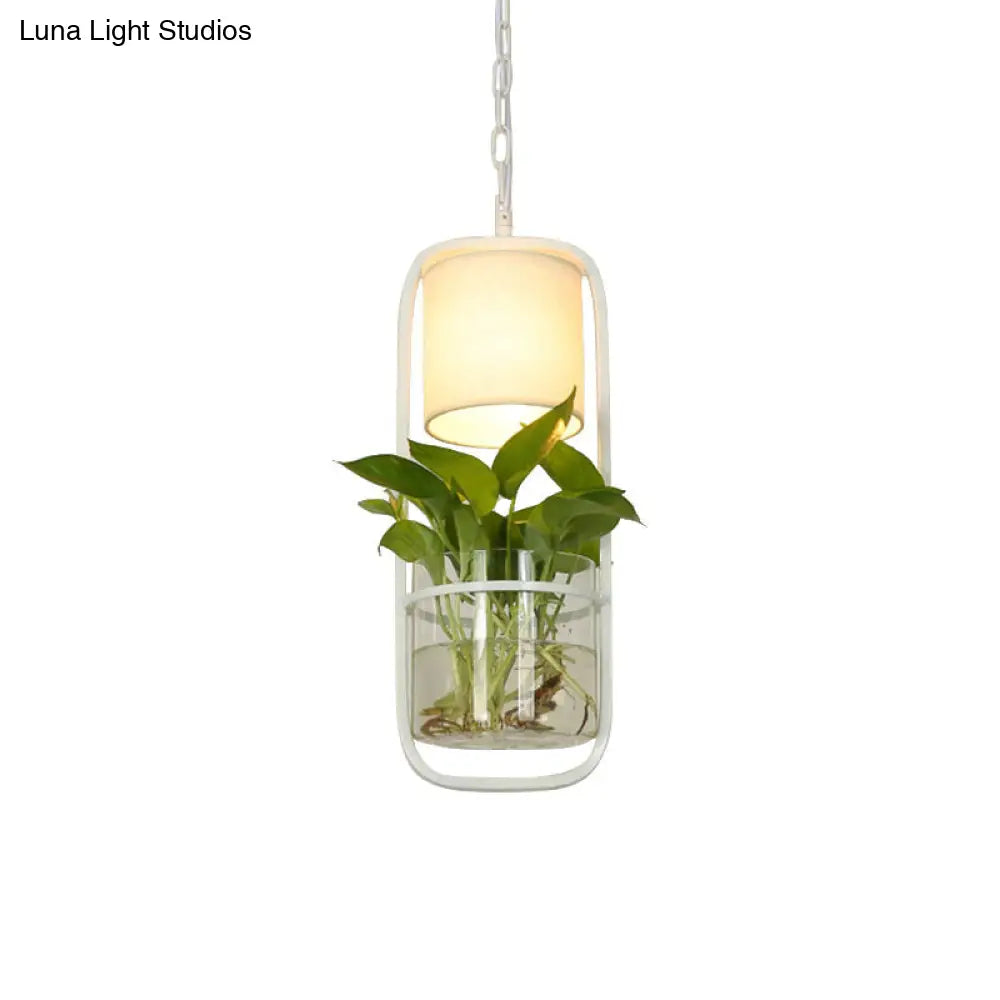 Cylinder Led Pendant Light Fixture In Rustic Black/White/Gold With Warm/White And Plant Cup