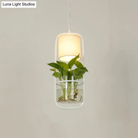 Rustic Led Pendant Light Fixture In Cylinder Shape Black/White/Gold Fabric Warm/White With Plant Cup