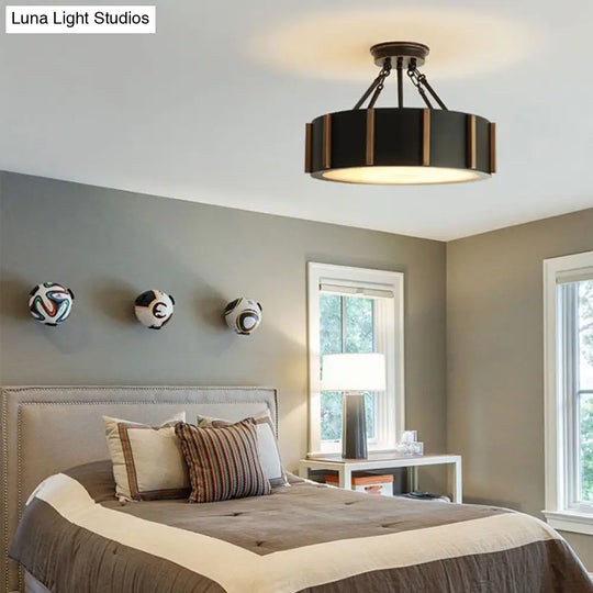 Rustic Led Semi Flush Drum Light - Warm Black Metallic Close-To-Ceiling Fixture 18 Width Ceiling