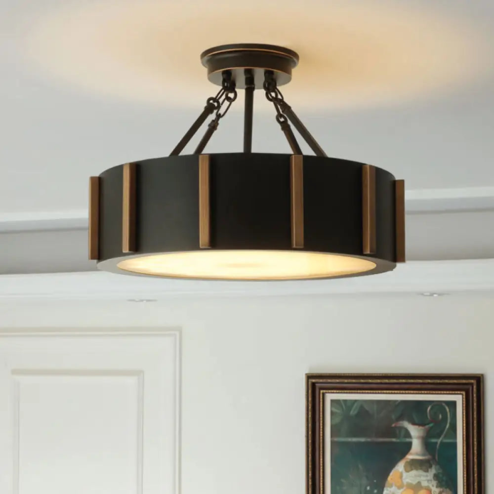 Rustic Led Semi Flush Drum Light - Warm Black Metallic Close-To-Ceiling Fixture 18’’ Width Ceiling