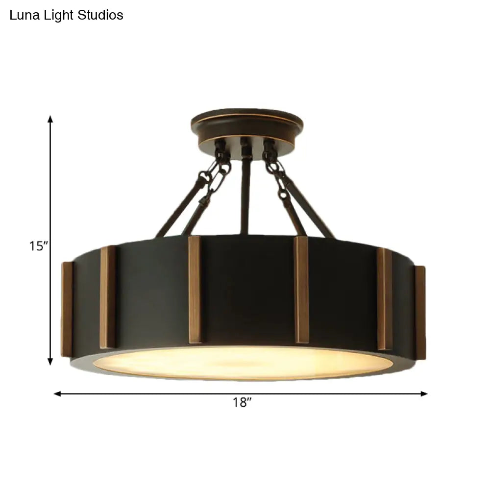 Rustic Led Semi Flush Drum Light - Warm Black Metallic Close-To-Ceiling Fixture 18’’ Width Ceiling