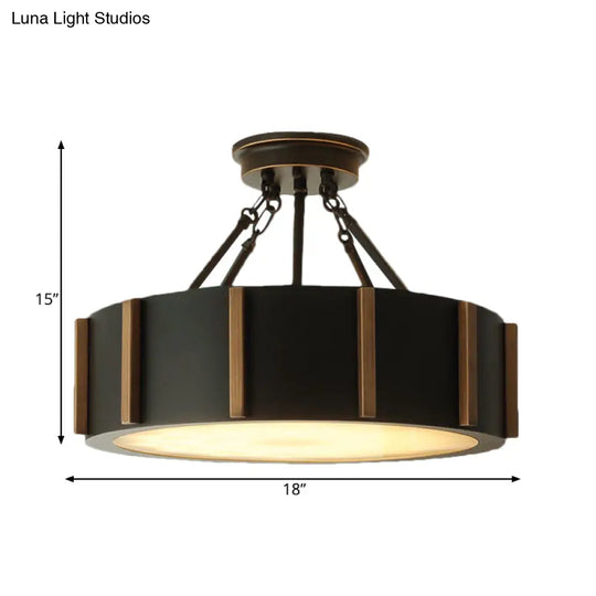 Rustic Led Semi Flush Drum Light - Warm Black Metallic Close-To-Ceiling Fixture 18’’ Width Ceiling