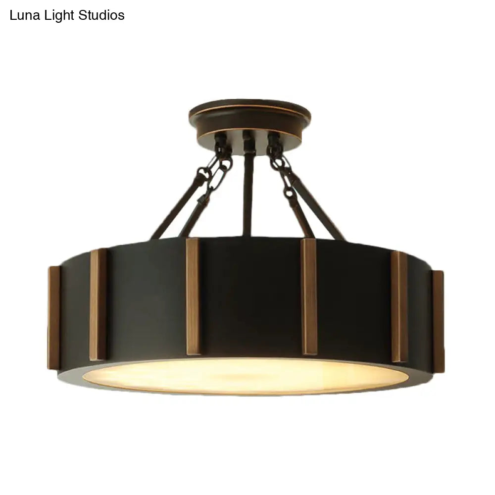 Rustic Led Semi Flush Drum Light - Warm Black Metallic Close-To-Ceiling Fixture 18 Width Ceiling