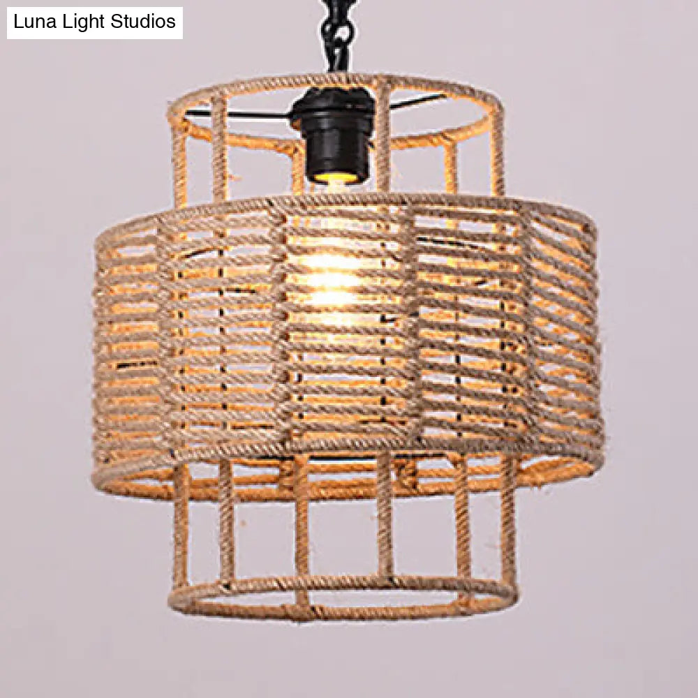 Rustic Lodge Pendant Light - Roped Cylinder Hanging Ceiling Lamp For Coffee Shop In Beige