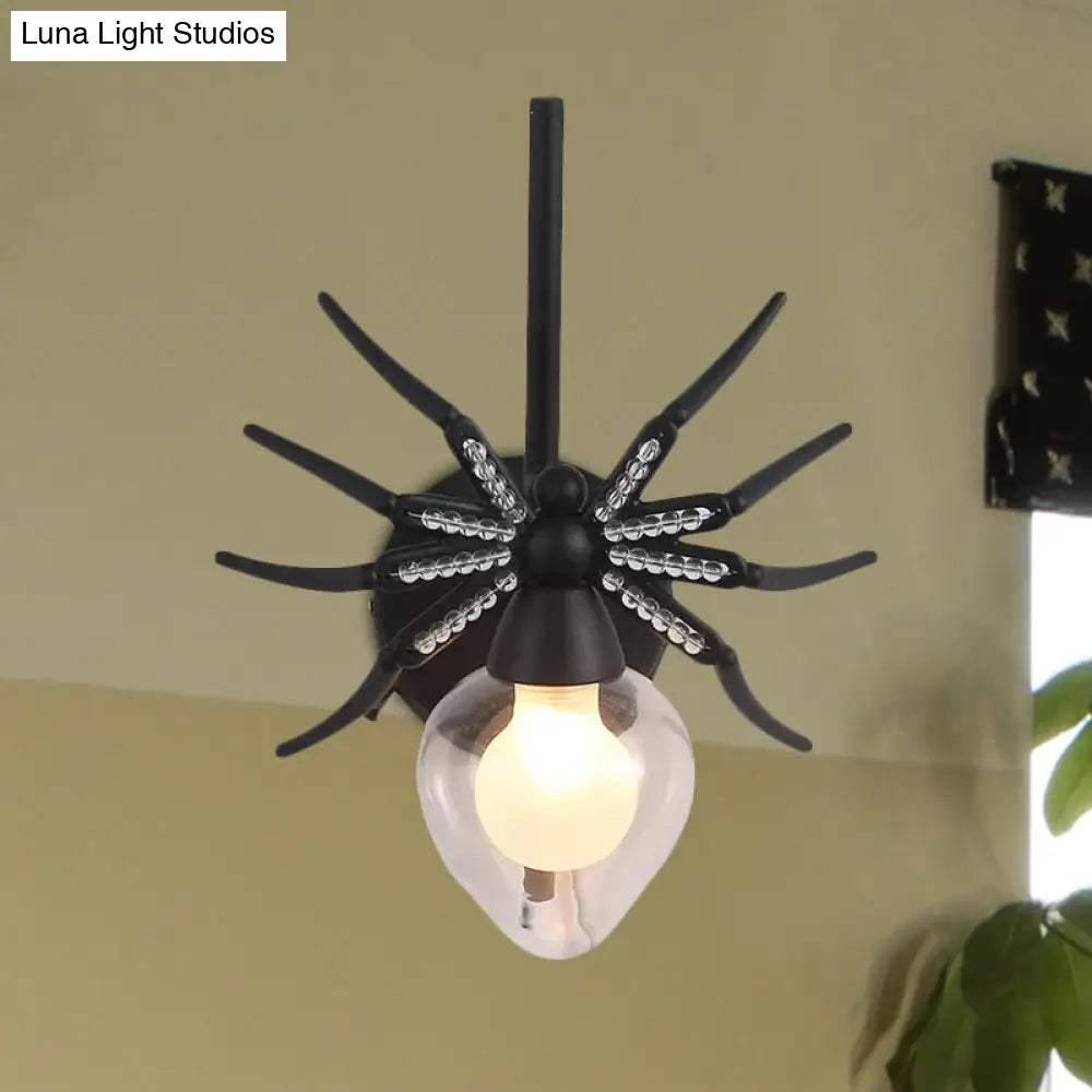 Rustic Lodge Black Spider Sconce: Metallic Mini Wall Lamp With Clear Glass Shade