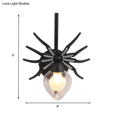 Rustic Lodge Black Spider Sconce: Metallic Mini Wall Lamp With Clear Glass Shade