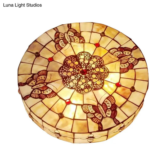 Rustic Lodge Butterfly Drum Flushmount Ceiling Light With Beige Glass - 4 Bulbs