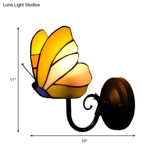 Rustic Lodge Butterfly Wall Sconce - Stained Glass Decorative Light For Bedroom