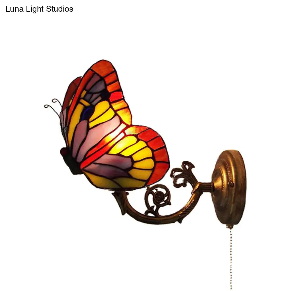 Rustic Lodge Butterfly Wall Sconce - Stained Glass Decorative Light For Bedroom