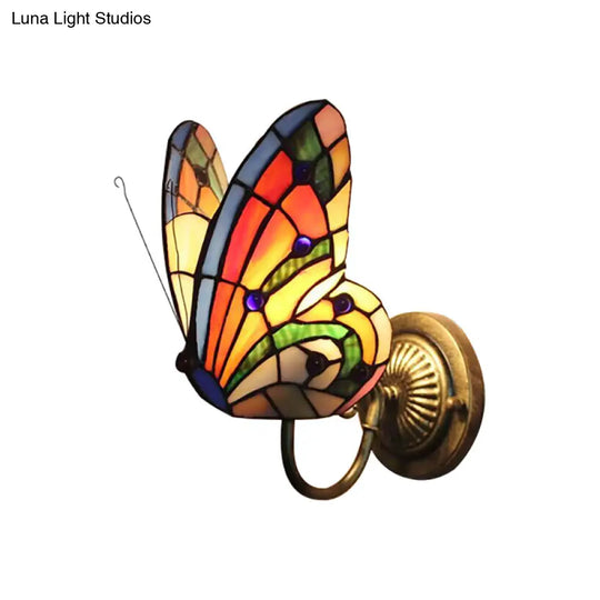 Rustic Lodge Butterfly Wall Sconce - Stained Glass Decorative Light For Bedroom