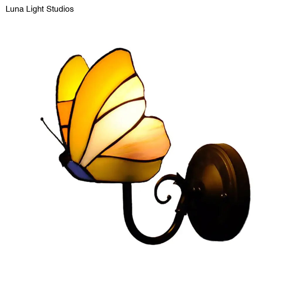 Rustic Lodge Butterfly Wall Sconce - Stained Glass Decorative Light For Bedroom