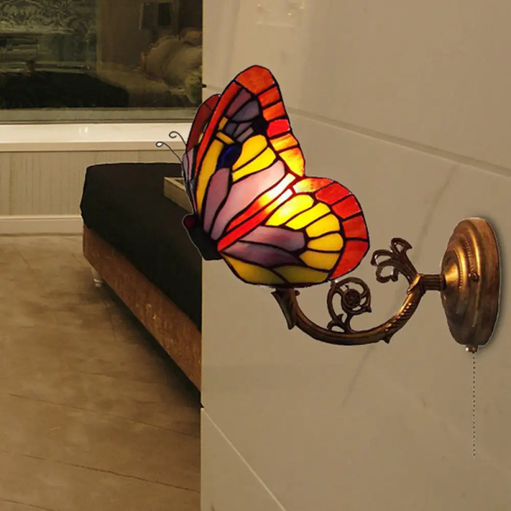 Rustic Lodge Butterfly Wall Sconce - Stained Glass Decorative Light For Bedroom Red