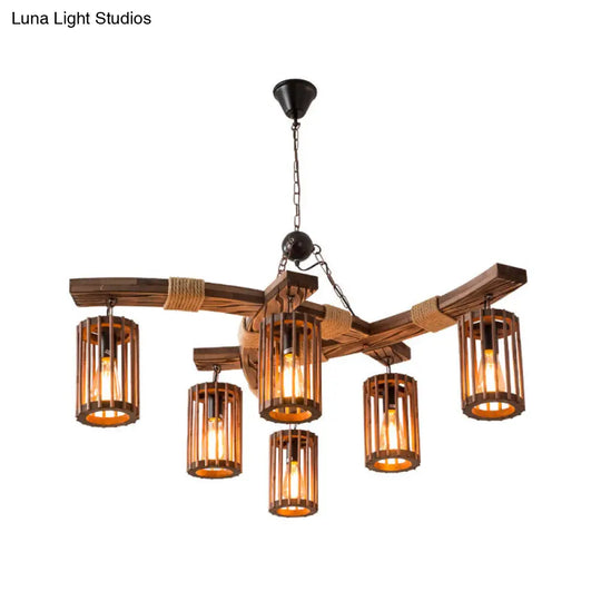 Lodge 6-Bulb Wood Caged Hanging Chandelier - Dining Room Pendant Light With Rope Detail In