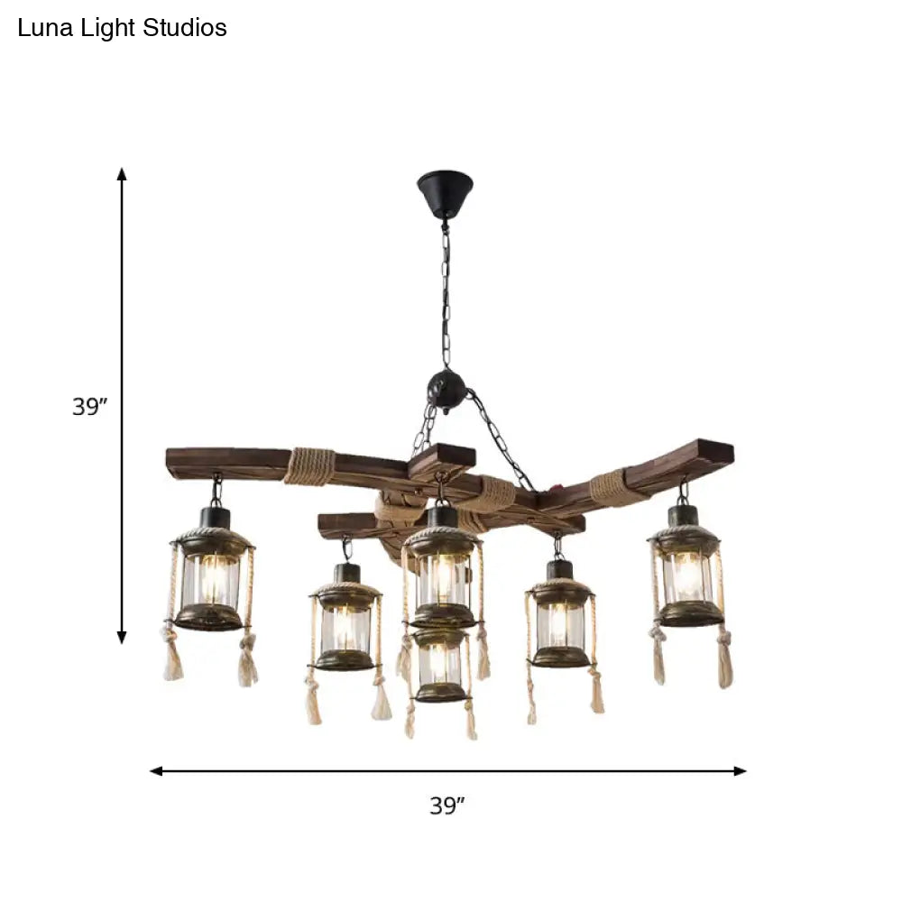 Rustic Lodge Chandelier: Wood Cage Pendant Light With Rope Detail - 6 Bulb Dining Room Ceiling