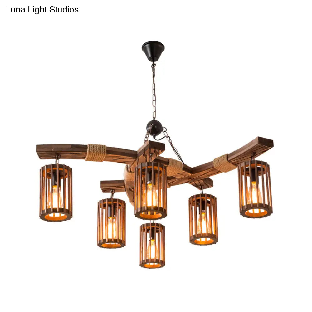 Rustic Lodge Chandelier: Wood Cage Pendant Light With Rope Detail - 6 Bulb Dining Room Ceiling